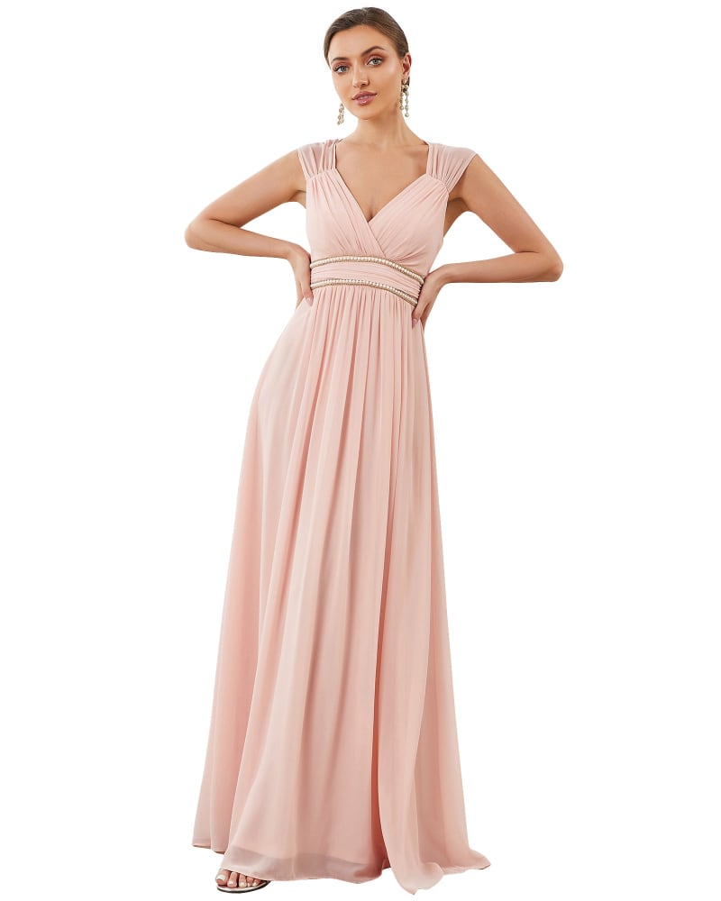 Front of a model wearing a size 16 V-Neck Sleeveless Beaded Belt Chiffon A-Line Evening Dress in Pink by Ever-Pretty. | dia_product_style_image_id:325260